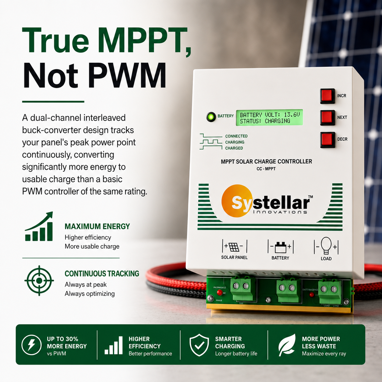 MPPT 12V/24V Solar Charge Controller  Voc 85V - Systellar CC-MPPT-Compact-100