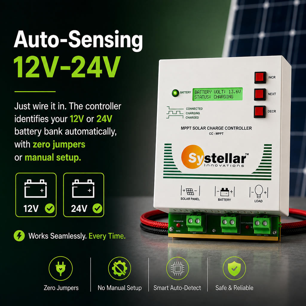 MPPT 12V/24V Solar Charge Controller  Voc 85V - Systellar CC-MPPT-Compact-100