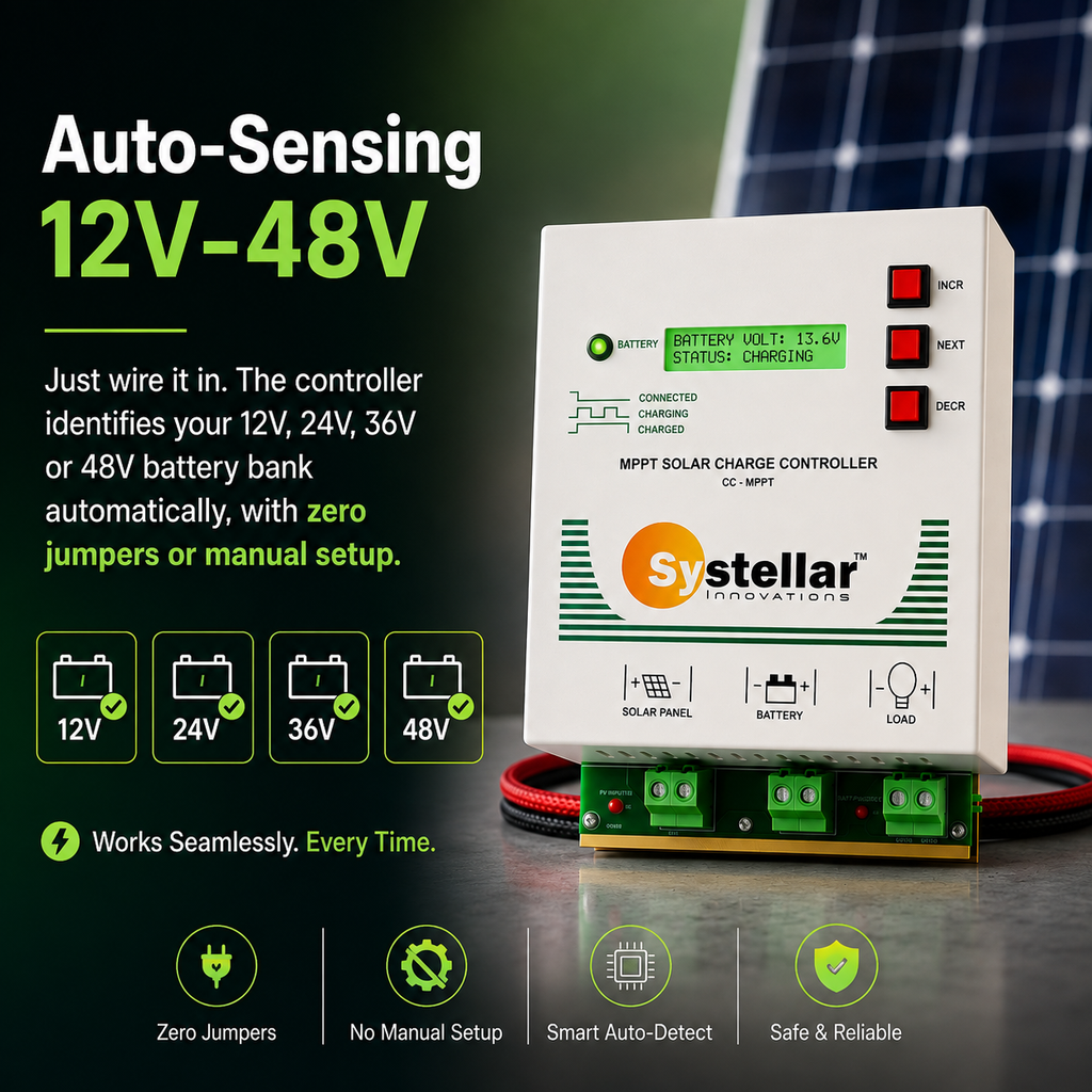 MPPT 12V / 24V / 36V / 48V Solar Charge Controller Voc 175V | Systellar CC-MPPT-Compact-200