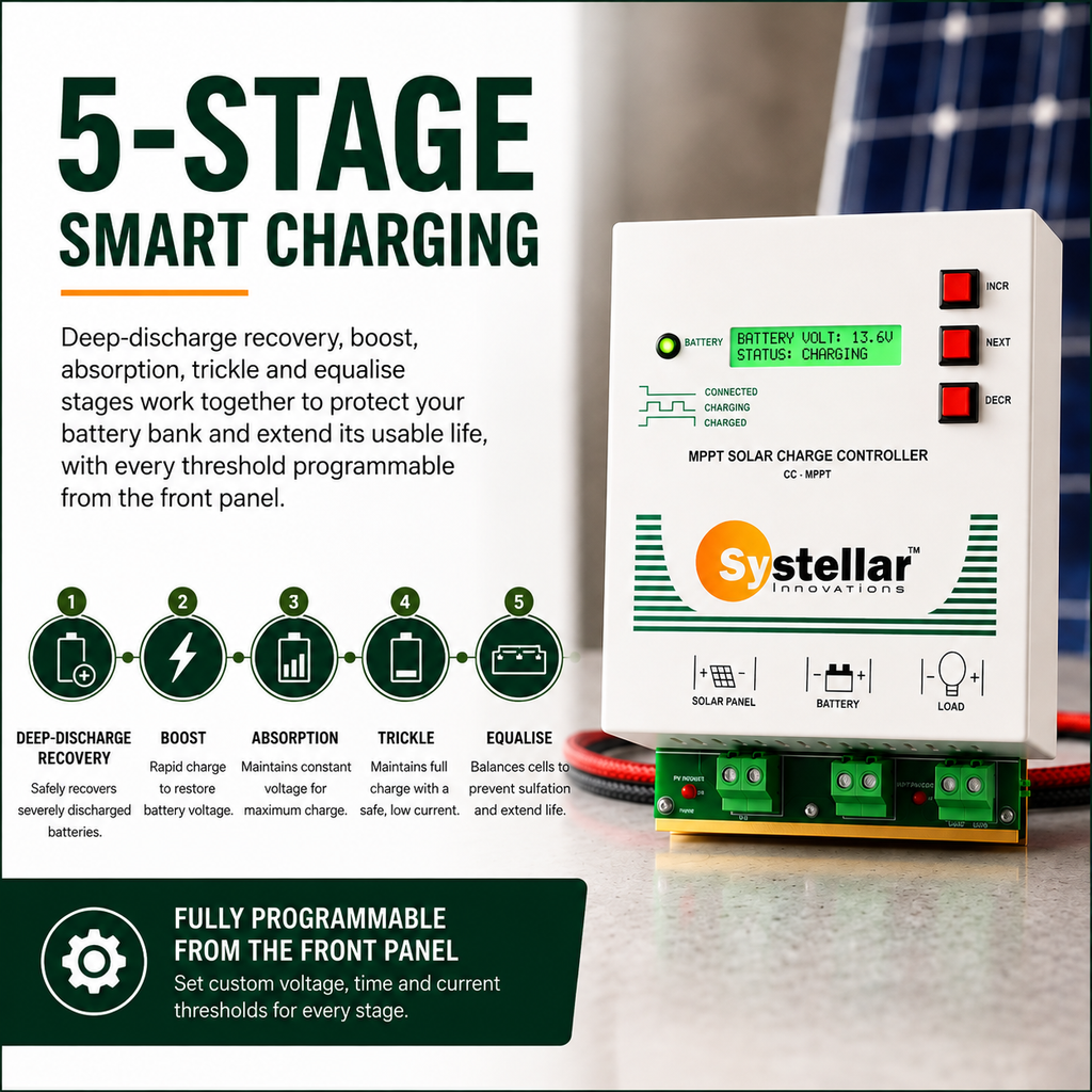 MPPT 12V/24V Solar Charge Controller  Voc 85V - Systellar CC-MPPT-Compact-100