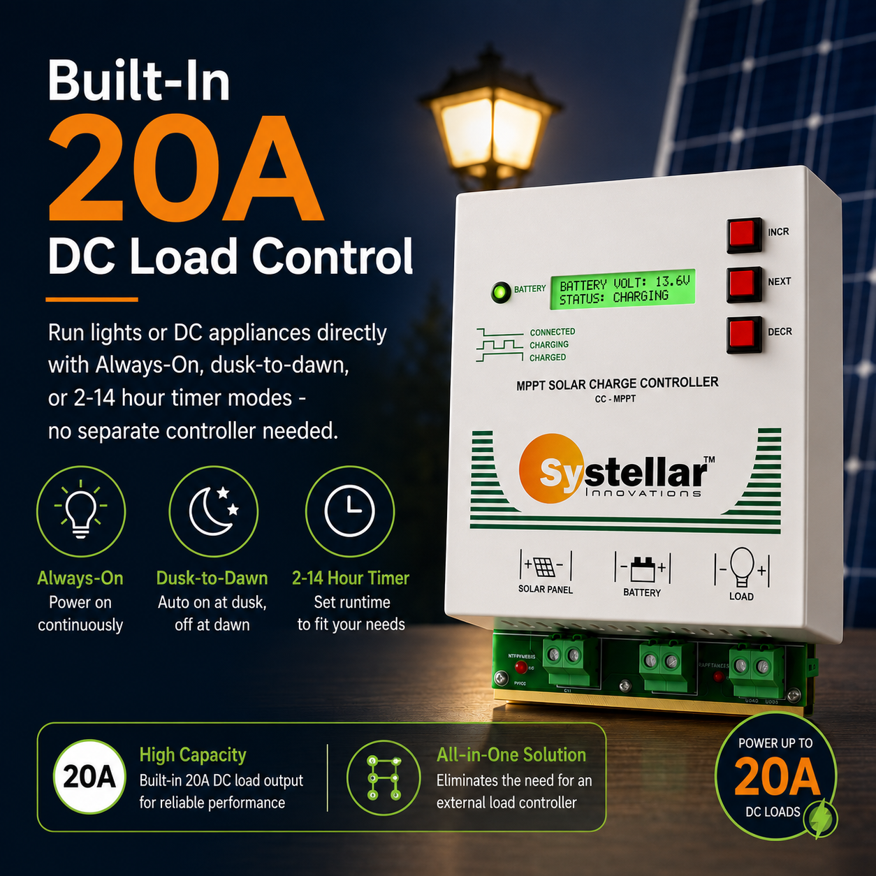 MPPT 12V/24V Solar Charge Controller  Voc 85V - Systellar CC-MPPT-Compact-100