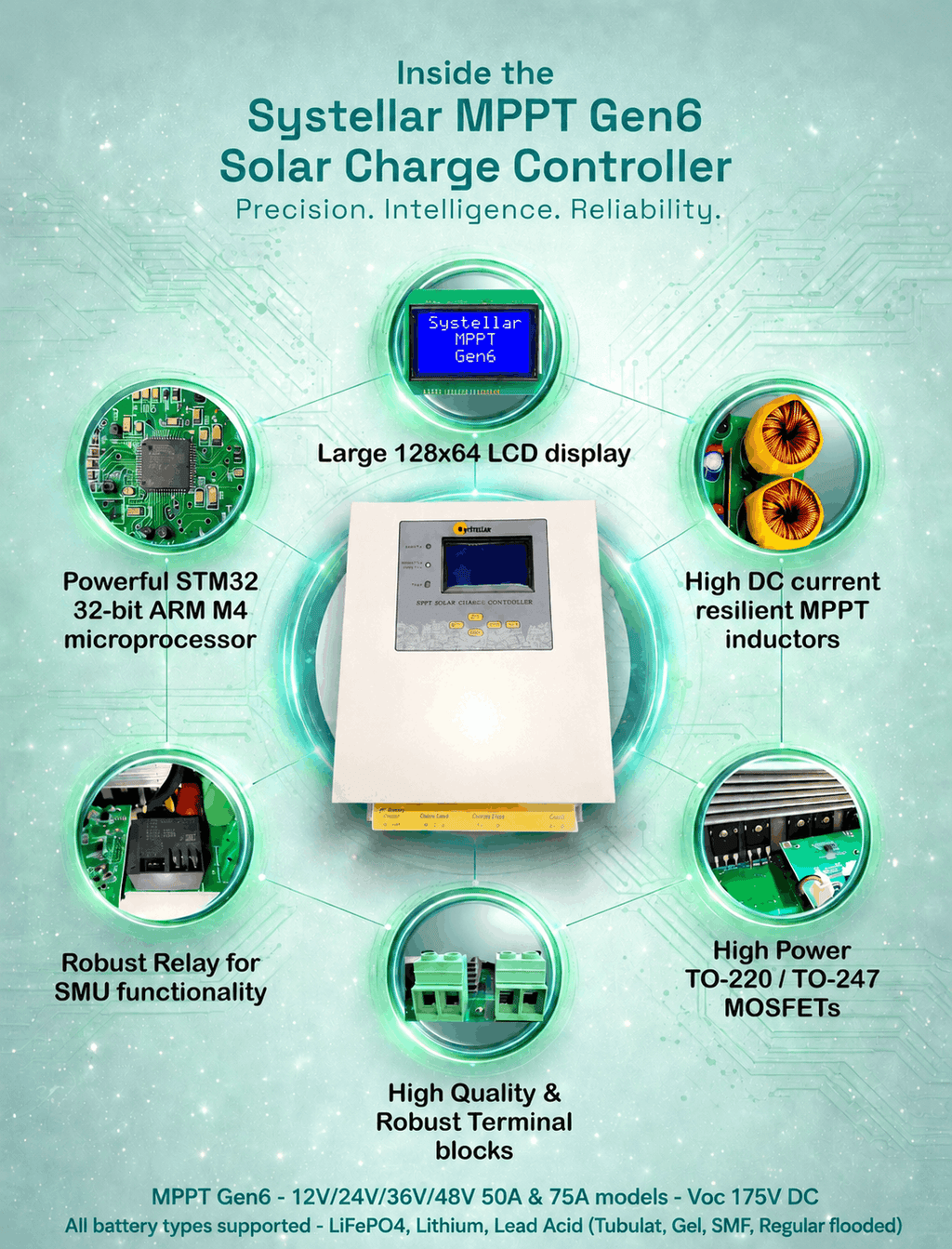 MPPT-Gen6- 12V,24V,36V,48V 50A & 75A MPPT Solar Charge Controller | Voc 175V | Systellar