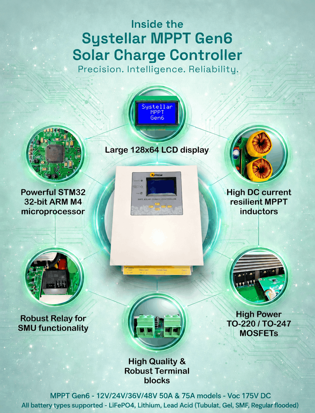 MPPT-Gen6- 12V,24V,36V,48V 50A & 75A MPPT Solar Charge Controller | Voc 175V | Systellar
