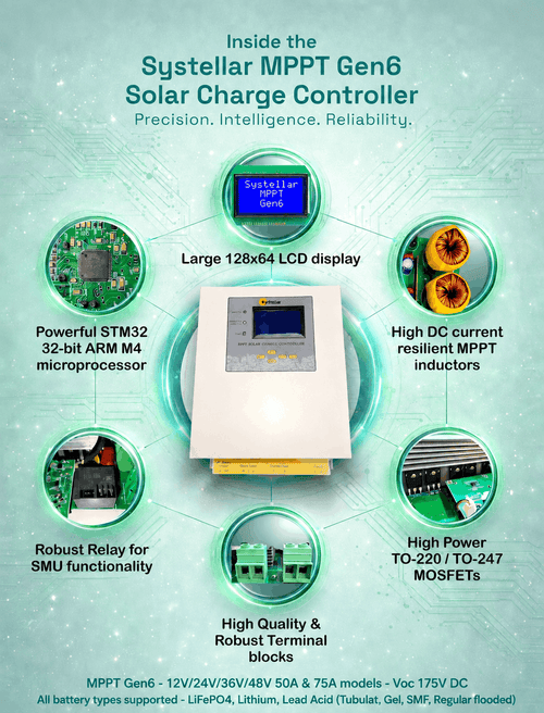 MPPT-Gen6- 12V,24V,36V,48V 50A & 75A MPPT Solar Charge Controller | Voc 175V | Systellar